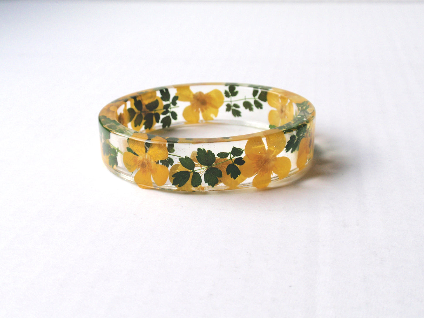 Flower Resin Bangle, botanical resin bracelet, yellow and green
