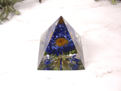 Blue Mum flower paperweinght desk decor real flower home decor pyramid