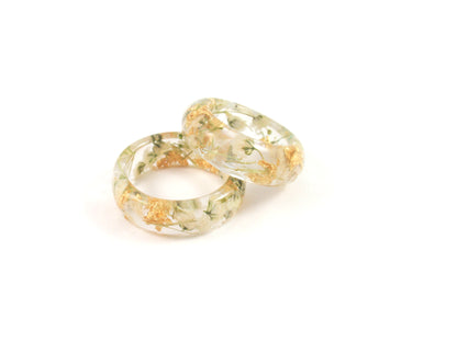 Nature ring Gold flakes and white flowers, Real Flower resin ring