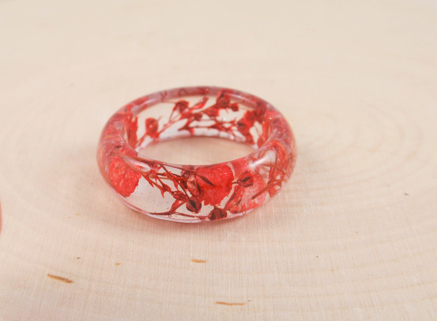 Handmade band ring, Red flower ring, Nature jewelry