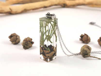 Handmade Necklace with Real Pine cone and greens, Botanical Jewelry, Terrarium Necklace