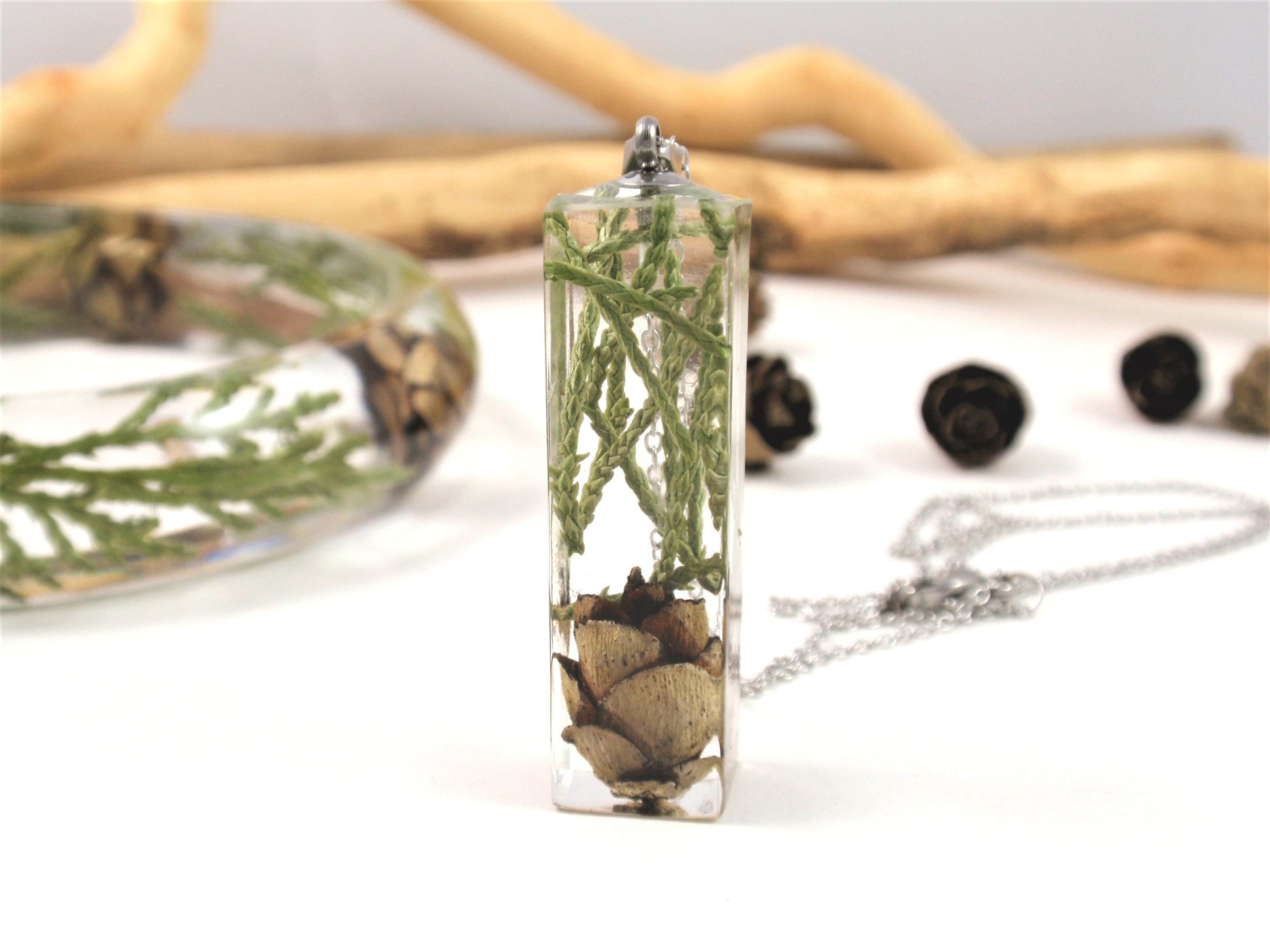 Real Pine cone and greens resin necklace