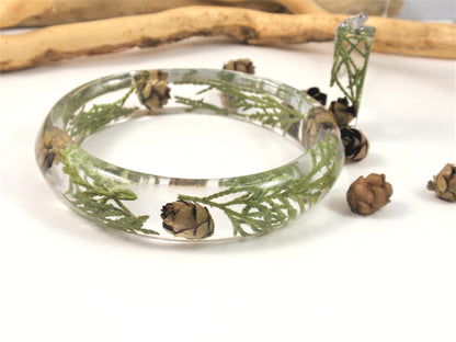 Woodland Resin Bangle, Botanical bangle bracelet, Pine cone and greens bracelet