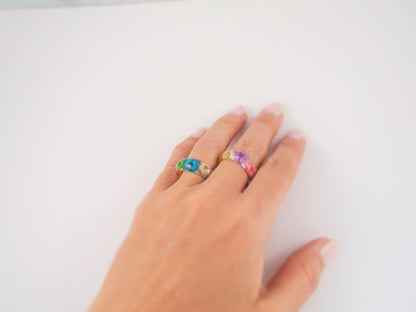 Real flower Resin ring Rainbow ring