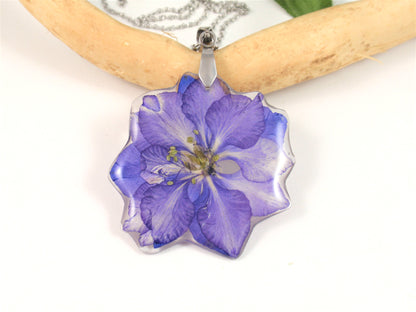 Blue Flower Resin Pendant, Real Pressed Flowers Jewelry, Blue Larkspur