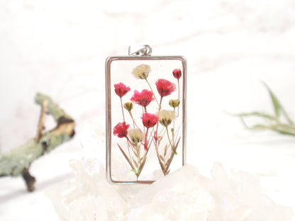 Pressed flowers Rectangle silver necklace real Babys breath flowers in resin