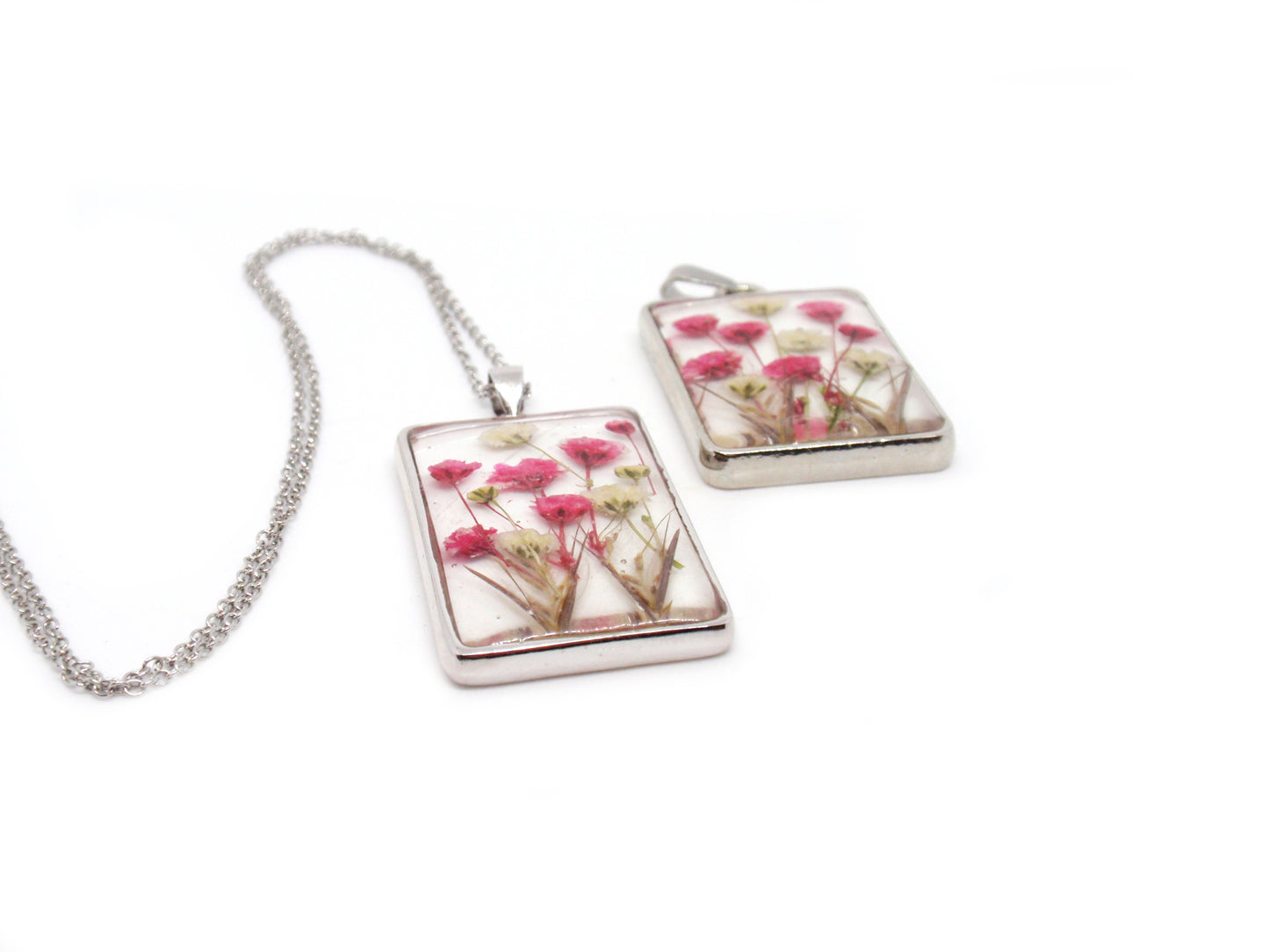 Pressed flowers Rectangle silver necklace real Babys breath flowers in resin
