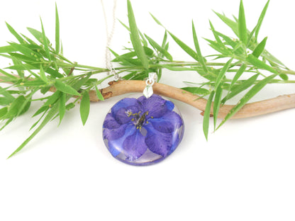 Birth month flower JULY, Handmade Flower Resin Necklace Blue Larkspur jewelry
