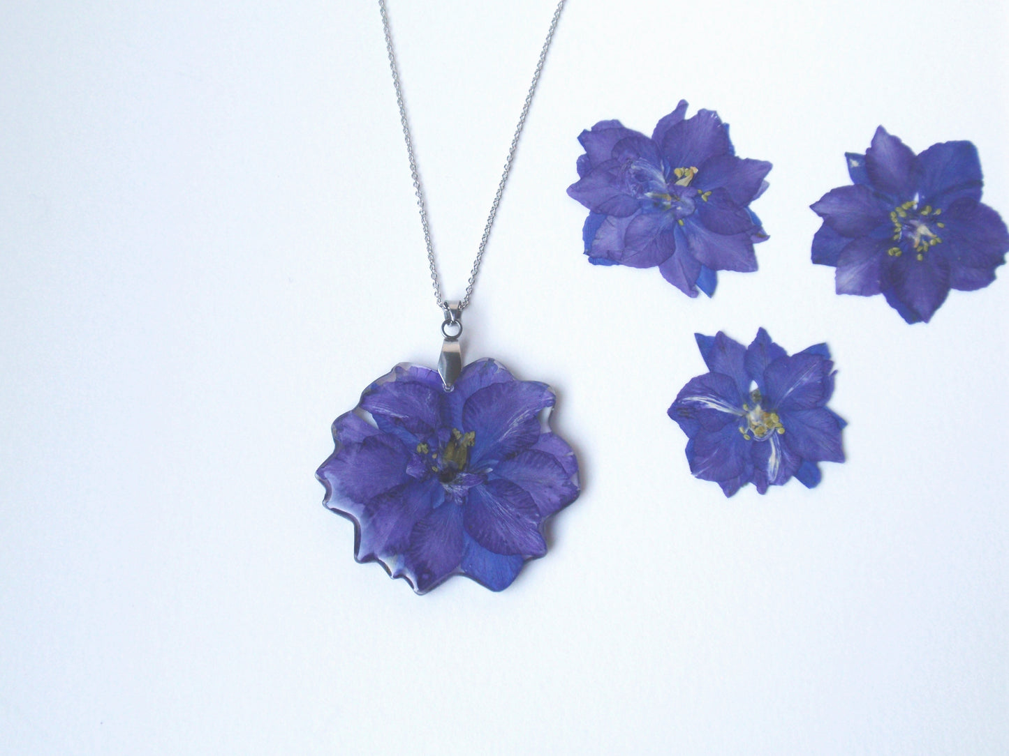 Blue Flower Resin Pendant, Real Pressed Flowers Jewelry, Blue Larkspur