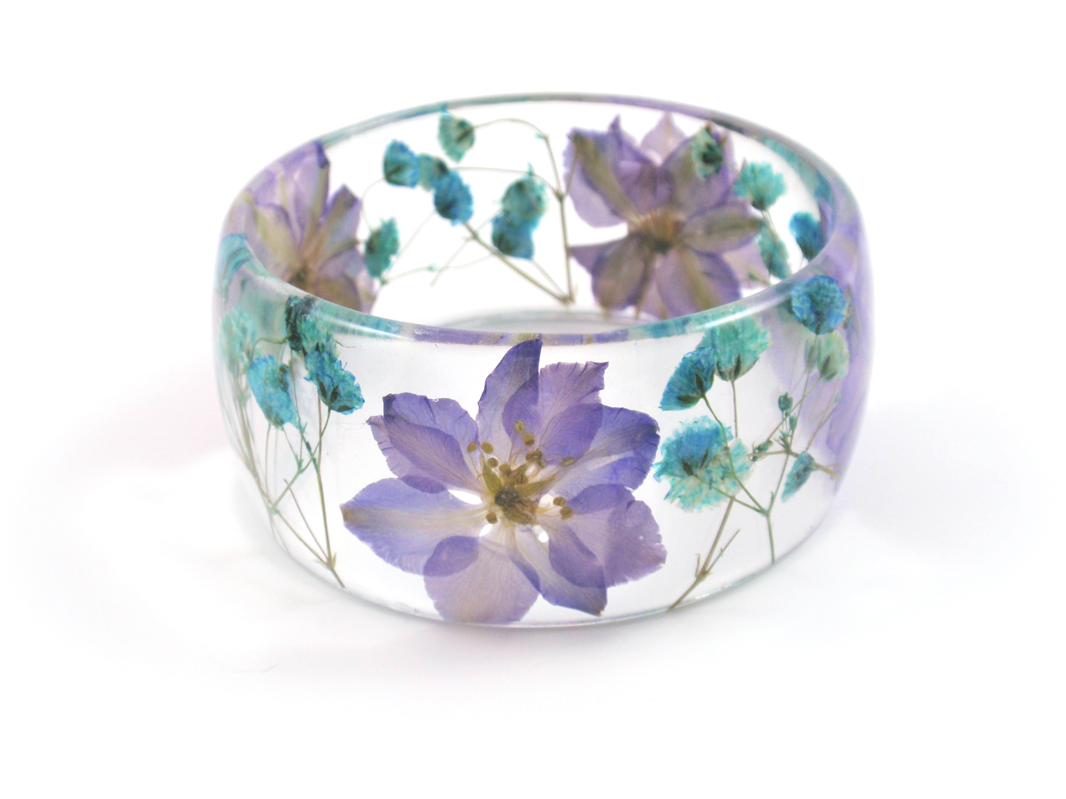 Purple flower bangle bracelet, Pressed flower jewelry – Smile with Flower