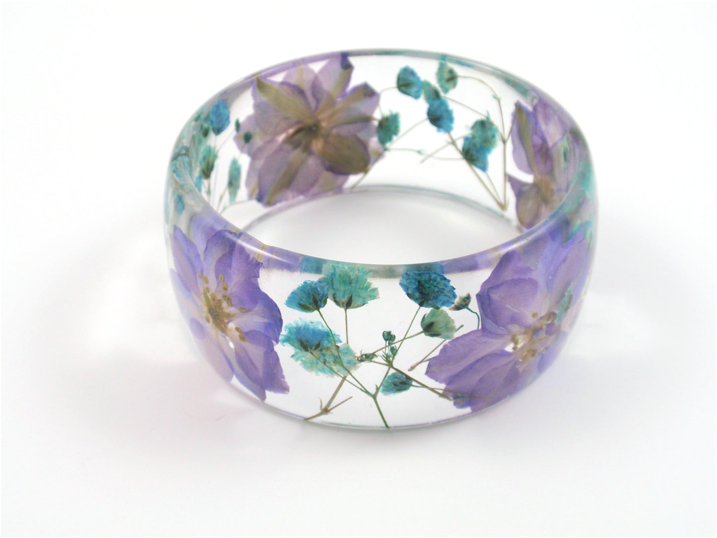 Purple flower bangle bracelet, Pressed flower jewelry