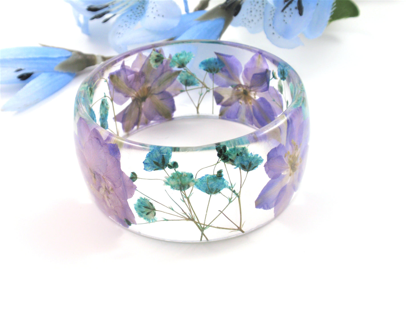Purple flower bangle bracelet, Pressed flower jewelry