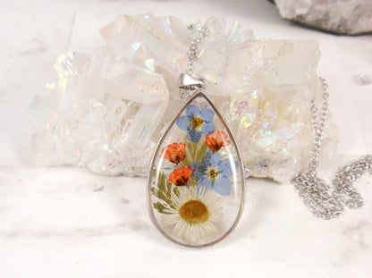 Pressed flowers necklace teardrop pendant
