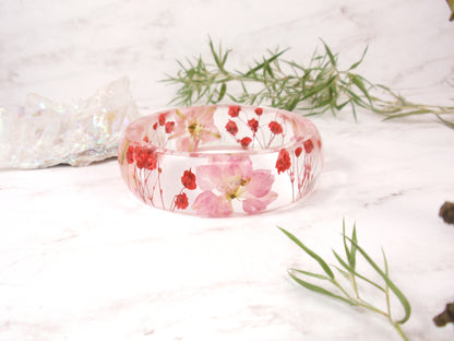 Botanical bangle bracelet, Real Pink flower bangle