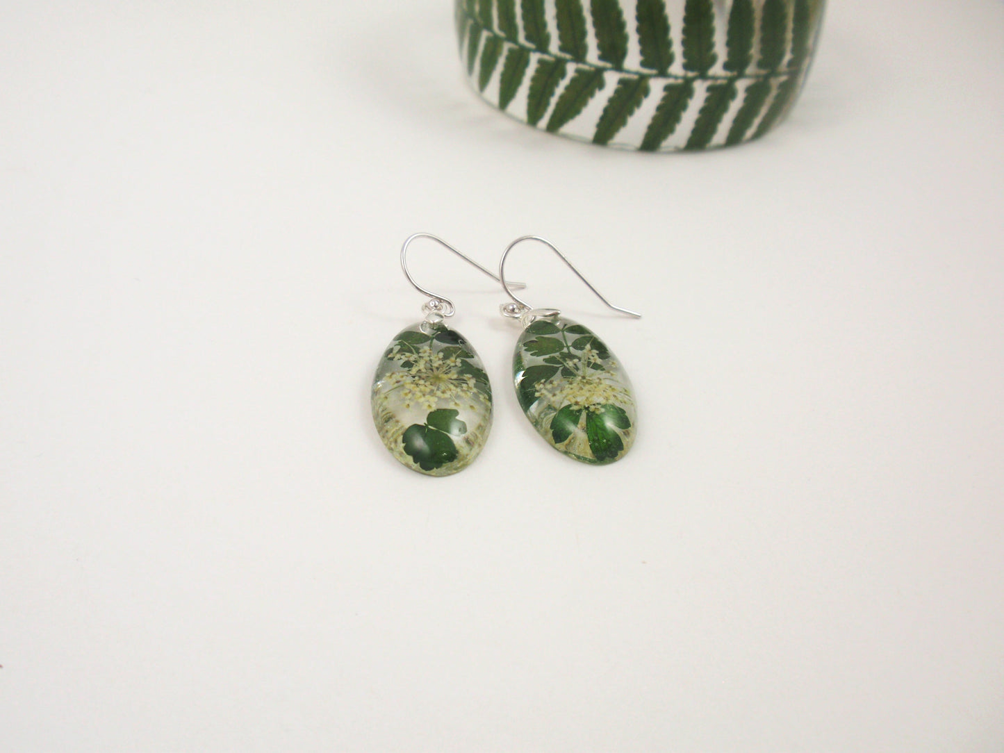 Botanical Earrings, Queen Anne's lace and leaves jewelry