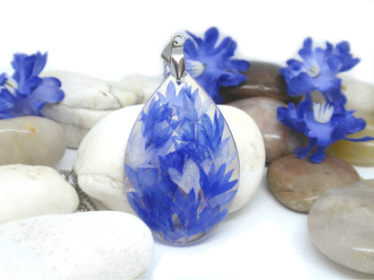 Blue Cornflower petals teardrop resin necklace