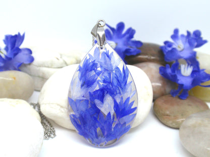 Blue Cornflower petals teardrop resin necklace