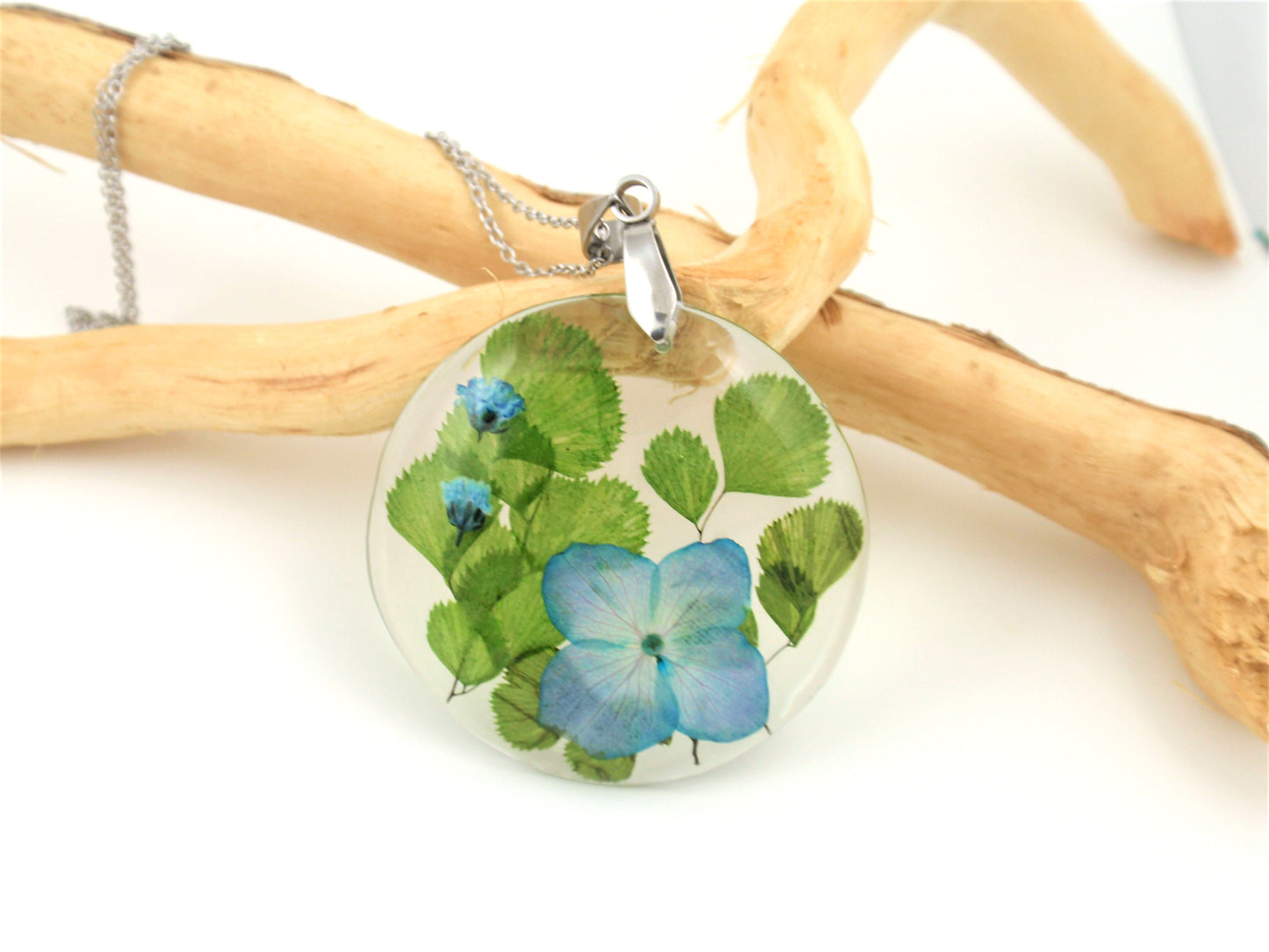 Handmade Flower Resin Necklace, Blue Hydrangea flower jewelry