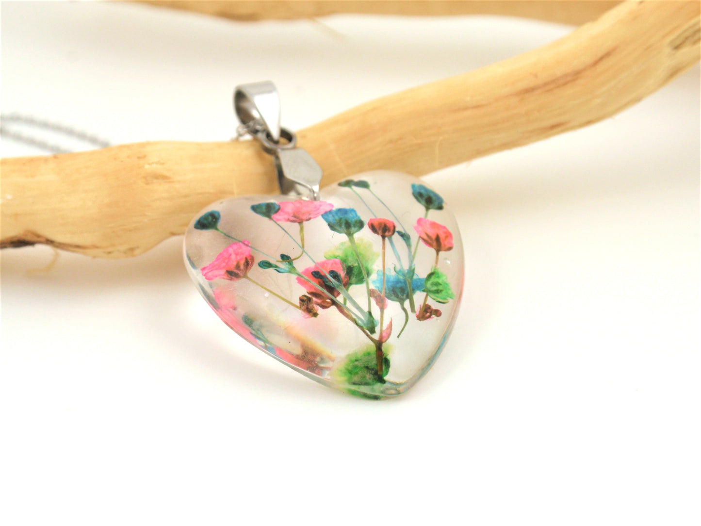 Real Flower Heart shape Necklace, Blue and pink flower resin jewelry