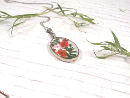 Red folwers oval necklace handmade jewelry