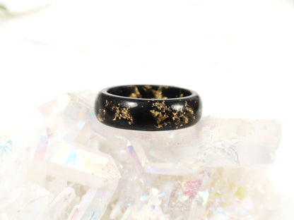 Black resin ring with gold flakes unisex band ring