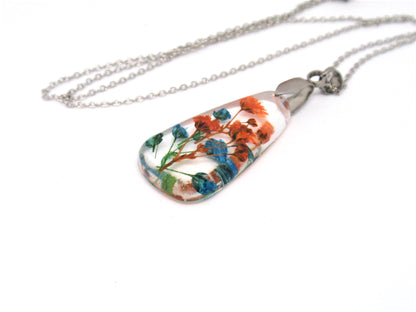 Handmade Real flower necklace Blue and Orange Baby's breath