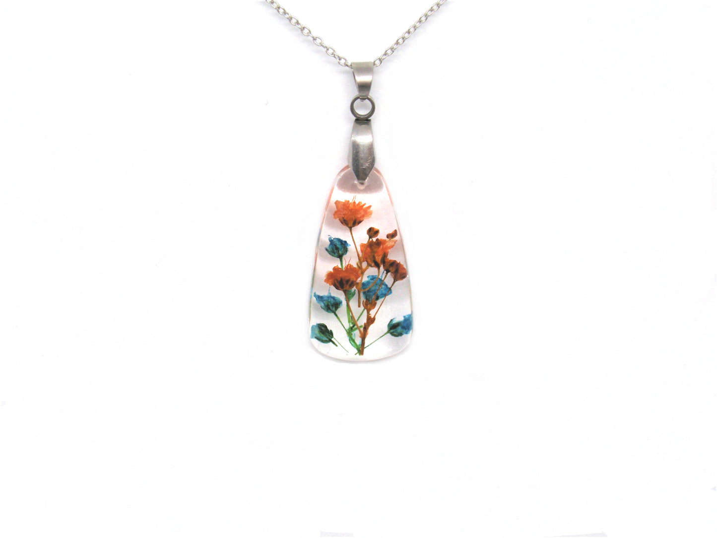 Handmade Real flower necklace Blue and Orange Baby's breath