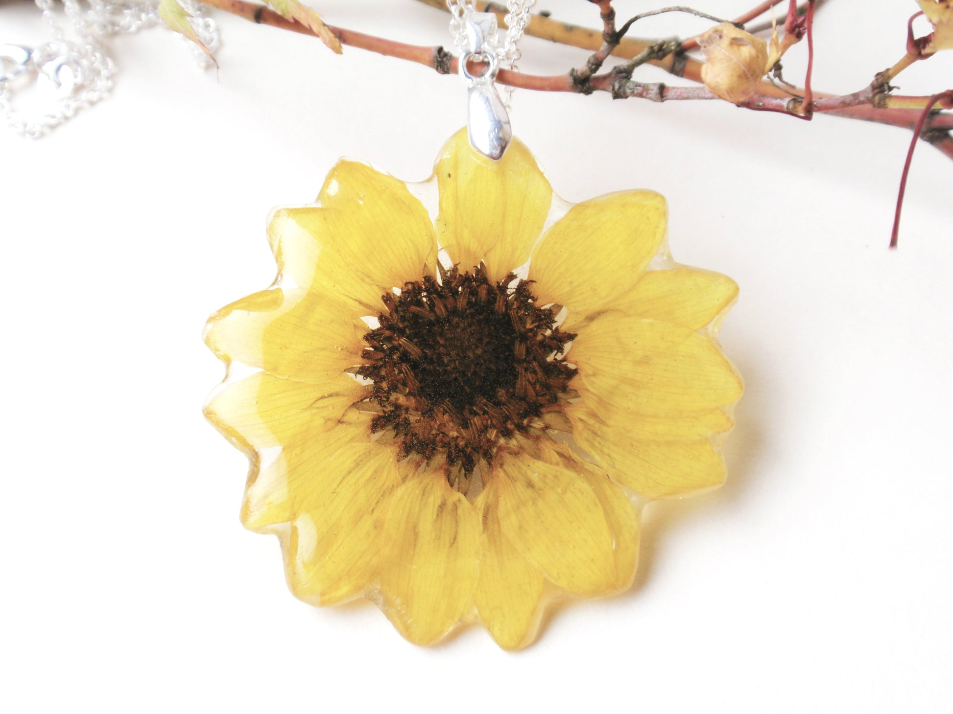 Real Sunflower pendant Necklace, Handmade Pressed Flower jewelry