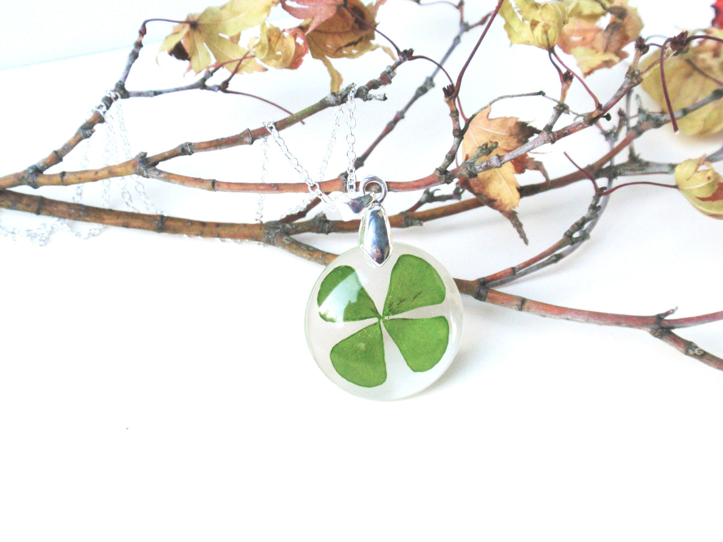 Four leaf clover resin necklace, Real clover jewelry