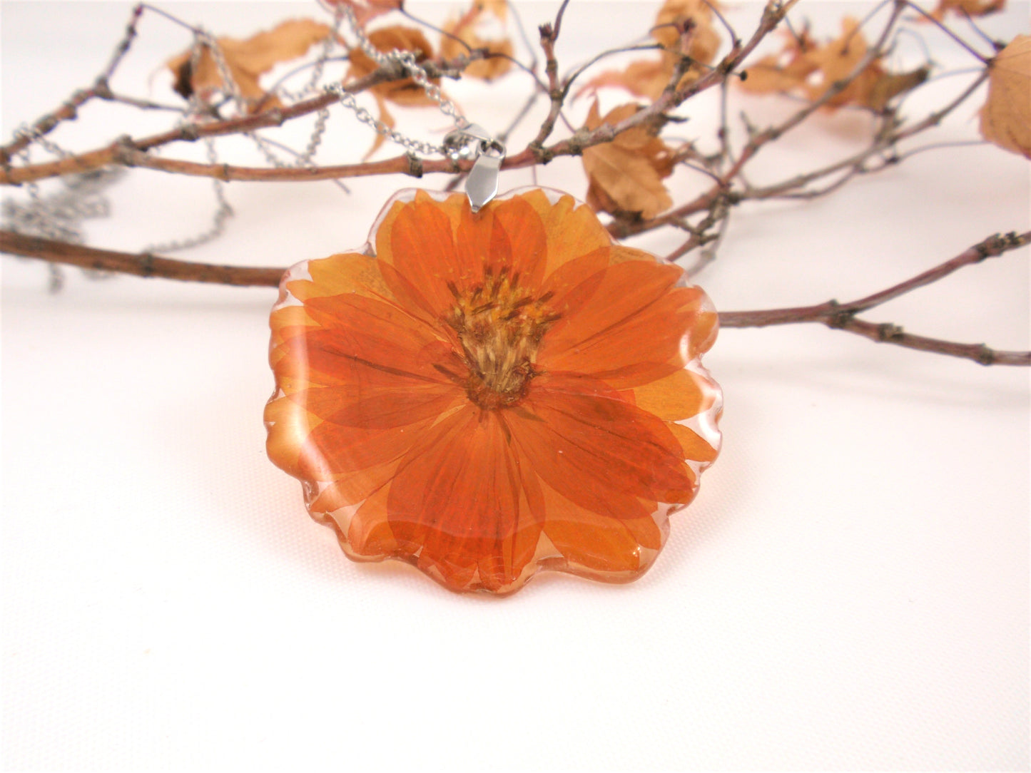 Birth Month flower October, Orange Cosmos Flower Necklace Nature jewelry