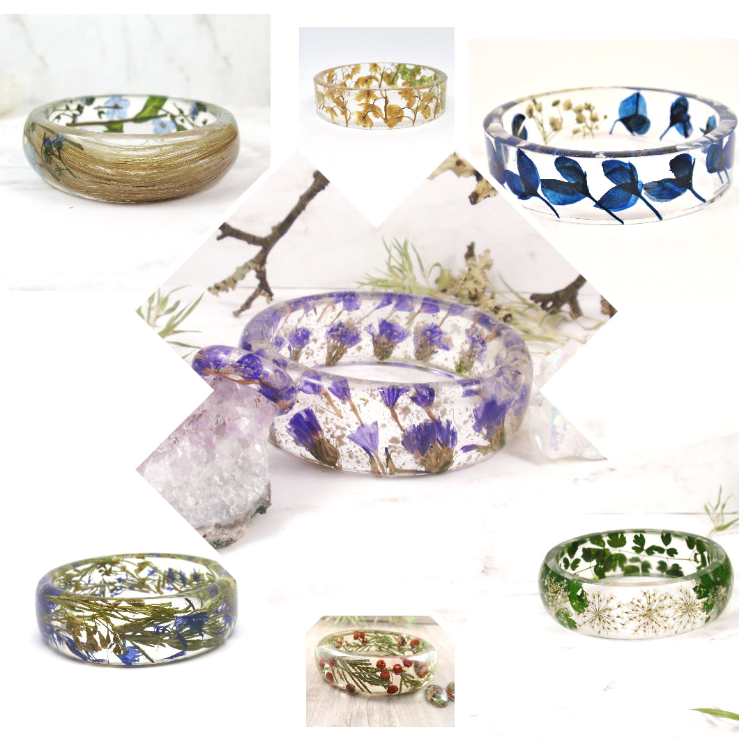 Custom made bangle bracelet with your flowers. Whether it's flowers from your bouquet, anniversary flowers, memorials, or any flower that has special sentimental value can be turned into a piece of forever jewelry. Also jewelry with infused hair/fur or cremains of loved ones.
